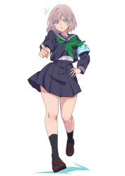 1girl black_sailor_collar black_serafuku black_shirt black_skirt blue_eyes breasts green_neckerchief gridman_universe gridman_universe_(film) highres long_sleeves looking_at_viewer mujina neckerchief nikonishi open_mouth pleated_skirt pointing sailor_collar school_uniform serafuku shirt short_hair simple_background skirt solo ssss.dynazenon thighs