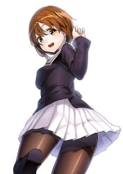Rule 34 | 10s, 1girl, black pantyhose, blush, boots, brown eyes, brown hair, from behind, girls und panzer, long sleeves, looking at viewer, looking back, nishizumi miho, open mouth, pantyhose, school uniform, short hair, simple background, skirt, smile, solo, thighband pantyhose, unowen, white background