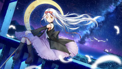 Rule 34 | 1girl, bare shoulders, bird, black footwear, black jacket, boots, city lights, cityscape, closed mouth, commentary request, crescent, detached sleeves, dress, feathers, frilled dress, frills, full body, gradient sky, hair between eyes, hair ribbon, hand on own knee, highres, horizon, hoshizora no memoria, jacket, ji dao ji, knee boots, lighthouse, long hair, long sleeves, looking at viewer, looking to the side, mare s. ephemeral, milky way, motion blur, mountain, night, night sky, ocean, open clothes, open jacket, purple dress, red ribbon, ribbon, scenery, signature, silver hair, sitting, sky, smile, solo, staff, star (sky), starry sky, very long hair, white feathers, wind, yellow eyes