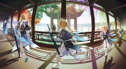 Rule 34 | 2boys, age progression, aged down, aged up, ahoge, architecture, autumn, blonde hair, boots, chinese clothes, closed eyes, cyotsy, east asian architecture, fisheye, flower, gazebo, highres, holding, holding sword, holding weapon, honkai: star rail, honkai (series), jian (weapon), jing yuan, long hair, multiple boys, ponytail, running, spring (season), summer, sword, time paradox, weapon, white footwear, white hair, winter, wisteria, yanqing (honkai: star rail), yellow eyes