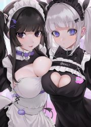 Rule 34 | 2girls, :p, apron, asymmetrical docking, black dress, black hair, breast press, breasts, cleavage, cleavage cutout, closed mouth, clothing cutout, dress, ear piercing, frilled apron, frills, heart cutout, highres, large breasts, long hair, looking at viewer, maid headdress, medium breasts, mole, mole on breast, multiple girls, ompf, original, piercing, purple eyes, tongue, tongue out, twintails, white apron, white hair