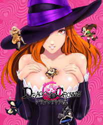 Rule 34 | 3boys, 3girls, absurdres, amazon (dragon&#039;s crown), atlus, bare shoulders, between breasts, breasts, catherine (game), catherine cover parody, cleavage, detached sleeves, dragon&#039;s crown, dwarf (dragon&#039;s crown), elf (dragon&#039;s crown), everyone, fighter (dragon&#039;s crown), hat, hat over one eye, highres, infinote, large breasts, lips, long hair, looking at viewer, mini person, miniboy, minigirl, multiple boys, multiple girls, one eye covered, parody, person between breasts, red eyes, red hair, smile, solo focus, sorceress (dragon&#039;s crown), witch hat, wizard (dragon&#039;s crown)