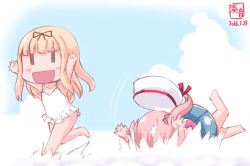 Rule 34 | 10s, 2girls, :d, arms up, barefoot, beret, black ribbon, blonde hair, blue sky, blush, chibi, cloud, commentary request, dated, day, faceplant, falling, hair ribbon, harusame (kancolle), hat, highres, innertube, kanon (kurogane knights), kantai collection, long hair, multiple girls, one-piece swimsuit, open hands, open mouth, pink hair, ribbon, running, side ponytail, sky, smile, straight hair, swim ring, swimsuit, white one-piece swimsuit, wide face, yuudachi (kancolle), | |