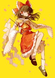 Rule 34 | 1girl, absurdres, ascot, black footwear, bow, brown eyes, chocobo54321, closed mouth, detached sleeves, floating hair, frilled bow, frilled hair tubes, frilled skirt, frills, frown, full body, gohei, hair bow, hair tubes, hakurei reimu, hands up, highres, holding, holding gohei, looking away, mary janes, medium hair, red bow, red skirt, red vest, ribbon-trimmed sleeves, ribbon trim, shoes, simple background, skirt, skirt set, socks, solo, talisman, touhou, vest, white sleeves, white socks, wide sleeves, yellow ascot, yellow background