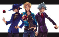 Rule 34 | 3boys, bad id, bad pixiv id, belt, black hair, black pants, black shirt, blonde hair, blue hair, blue headwear, blue jacket, closed mouth, collarbone, commentary request, creatures (company), game freak, hat, highres, holding, holding poke ball, jacket, jewelry, long sleeves, looking at viewer, male focus, multiple boys, nintendo, pants, poke ball, poke ball (basic), pokemon, pokemon dppt, pokemon rse, red neckwear, riley (pokemon), ring, shirt, smile, spiked hair, steven stone, tkemn, volkner (pokemon), white shirt