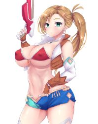 Rule 34 | 1girl, bikini, bikini top only, blonde hair, blue shorts, breasts, brown gloves, brown vest, calamity jane (fate), cleavage, closed mouth, cropped vest, detached collar, detached sleeves, earrings, covered erect nipples, fate/grand order, fate (series), fingerless gloves, gloves, green eyes, green shorts, gun, highres, hip vent, holding, holding gun, holding weapon, hoop earrings, jewelry, large breasts, long hair, navel, necklace, open clothes, open vest, red bikini, short shorts, shorts, side ponytail, single detached sleeve, swimsuit, two-tone shorts, vest, weapon, white background, white legwear, white vest, yuuki shuri