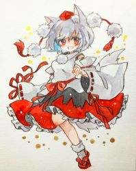 Rule 34 | 1girl, :d, animal ears, commentary, detached sleeves, frilled skirt, frills, full body, geta, grey hair, hat, highres, inubashiri momiji, key747h, looking at viewer, medium hair, open mouth, pom pom (clothes), red eyes, red footwear, red hat, red skirt, ribbon-trimmed sleeves, ribbon trim, shirt, skirt, sleeveless, sleeveless shirt, smile, socks, solo, standing, standing on one leg, tail, tengu-geta, tokin hat, touhou, traditional media, white shirt, white sleeves, white socks, wide sleeves, wolf ears, wolf girl, wolf tail