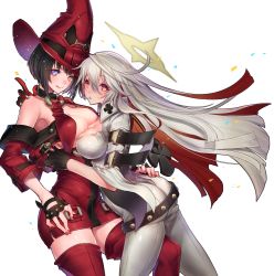 Rule 34 | 2girls, :q, ass, belt, black hair, blonde hair, blue eyes, breast press, breasts, cleavage, spiked halo, gloves, guilty gear, halo, hat, heterochromia, i-no, jack-o&#039; valentine, large breasts, long hair, multicolored hair, multiple girls, oro (sumakaita), red background, red eyes, red hair, red hat, red legwear, short hair, simple background, symmetrical docking, thighhighs, thighs, tongue, tongue out
