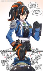 1girl :d ass black_gloves black_hair blue_jacket clothes_writing gloves gradient_background heart highres hinghoi holding jacket long_hair long_sleeves looking_at_viewer open_mouth orange_eyes seggs_(meme) smile speech_bubble white_background zenless_zone_zero zhu_yuan