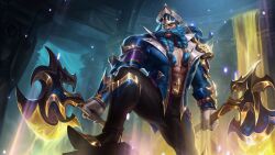 Rule 34 | 1boy, axe, black pants, blue hair, blue jacket, boots, braid, closed mouth, dual wielding, glorious admiral olaf, gloves, green hair, highres, holding, holding axe, indoors, jacket, knee boots, knee up, league of legends, league of legends: wild rift, legs apart, long hair, multiple braids, muscular, muscular male, official art, olaf (league of legends), open clothes, open jacket, pants, solo, standing, white gloves, white headwear
