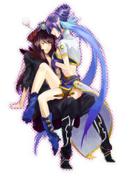Rule 34 | 00s, 1boy, 1girl, baul (tales), blue footwear, boots, embarrassed, judith (tales), knee boots, official alternate costume, pointy ears, shiratama moyashi, sitting, tales of (series), tales of vesperia, yuri lowell