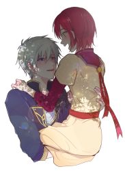 Rule 34 | 1boy, 1girl, :d, akagami no shirayukihime, blue eyes, blush, bob cut, carrying, dappled sunlight, eye contact, green eyes, hetero, layered sleeves, long sleeves, looking at another, monoc512, open mouth, red hair, shirayuki (akagami no shirayukihime), short hair, short over long sleeves, short sleeves, simple background, smile, sunlight, teeth, upper body, upper teeth only, white hair, zen wistalia