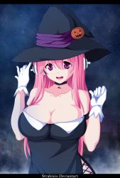 Rule 34 | 1girl, blush, breasts, cleavage, derivative work, halloween, halloween costume, hat, headphones, large breasts, long hair, looking at viewer, nitroplus, pink eyes, pink hair, smile, solo, strabixio, super sonico, witch hat