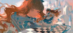 Rule 34 | 2girls, absurdres, baby blue, blue bow, blue dress, blue footwear, blue sky, blunt bangs, book, bow, card, castle, checkered floor, clone, closed eyes, closed mouth, cloud, curly hair, dress, frilled dress, frills, hair bow, heart, highres, long dress, long hair, looking at another, mini person, minigirl, multiple girls, open book, orange hair, pantyhose, parted lips, playing card, rabbit, reverse:1999, sky, stairs, stuffed animal, stuffed toy, teddy bear, white dress, white pantyhose, yaqing