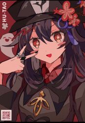 Rule 34 | 1girl, :d, black coat, black hat, black nails, blush, boo tao (genshin impact), brown hair, character name, coat, flower, flower-shaped pupils, genshin impact, ghost, hat, hat flower, hat tassel, hu tao (genshin impact), long hair, looking at viewer, mashiro (gjer4484), open mouth, orange eyes, qr code, red background, simple background, smile, solo, symbol-shaped pupils, twintails, upper body