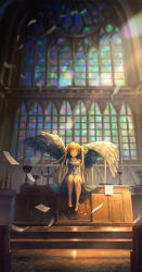 Rule 34 | 1girl, absurdres, angel, barefoot, candle, candlestand, chalice, church, church interior, commentary request, cup, dress, feathered wings, feathers, highres, indoors, long hair, looking at viewer, nogi momoko, original, papers, plant, potted plant, sitting, sleeveless, sleeveless dress, solo, stained glass, twintails, very long hair, window, wings