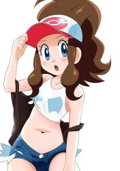 Rule 34 | 1girl, baseball cap, blue eyes, breasts, brown hair, creatures (company), denim, denim shorts, game freak, hainchu, hat, highres, hilda (pokemon), long hair, looking at viewer, navel, nintendo, open mouth, pokemon, pokemon bw, ponytail, shirt, short shorts, shorts, simple background, solo, vest, white background