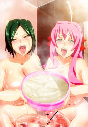 Rule 34 | 2girls, bar censor, blush, bowl, breasts, censored, cum, cum in container, curvy, foreskin, futanari, green eyes, green hair, heart, heart-shaped pupils, highres, holding, holding bowl, huge breasts, long hair, looking at viewer, multiple girls, nude, open mouth, original, penis, phimosis, pink hair, scar, scar across eye, scar on face, short hair, smile, sweat, symbol-shaped pupils, taroro, tattoo, wide hips