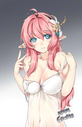 Rule 34 | 1girl, ahoge, blue eyes, breasts, cleavage, elf, flower, gradient background, hair flower, hair ornament, hairband, large breasts, long hair, looking at viewer, navel, open mouth, parted lips, pink hair, pointy ears, see-through, shiny skin, smile, solo, strap slip, tama (tamatamo)