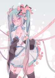 Rule 34 | 1girl, ahoge, aqua eyes, aqua hair, aqua nails, aqua necktie, bare shoulders, black footwear, black sleeves, boots, breasts, closed mouth, cowboy shot, detached sleeves, flower, from side, grey vest, hair flower, hair ornament, hatsune miku, highres, legs apart, long hair, looking at viewer, medium breasts, necktie, number tattoo, pastel colors, simple background, skindentation, skirt, smile, sourxuan, standing, tattoo, thigh boots, tongue, tongue out, twintails, very long hair, vest, vocaloid, white background, white skirt