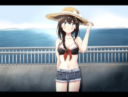 Rule 34 | 1girl, ahoge, any (lucky denver mint), bikini, bikini top only, black bikini, black hair, black shorts, blue eyes, braid, collarbone, commentary request, cowboy shot, cropped legs, dated, day, denim, denim shorts, hair flaps, hair ornament, hair over shoulder, hat, horizon, kantai collection, letterboxed, looking at viewer, navel, ocean, outdoors, railing, shigure (kancolle), shigure kai ni (kancolle), shorts, single braid, smile, solo, standing, straw hat, sun hat, swimsuit