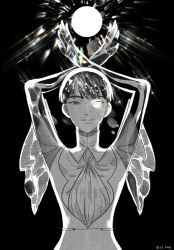 Rule 34 | 1other, androgynous, black background, blunt bangs, full moon, glowing, glowing eye, golden arms, greyscale, heterochromia, highres, houseki no kuni, kong (kdo7), light, looking at viewer, monochrome, moon, necktie, phosphophyllite, phosphophyllite (ll), see-through, short hair, smile, solo, spoilers, upper body