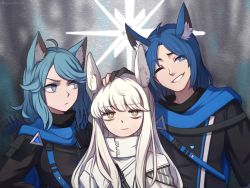 Rule 34 | &gt;:(, 1boy, 2girls, ahoge, animal ears, arknights, arrow (projectile), black jacket, blue eyes, blue hair, blue scarf, cat ears, commentary, english commentary, grin, high collar, horse ears, jacket, long hair, looking at another, looking at viewer, monique (arknights), multiple girls, one eye closed, platinum (arknights), roy (arknights), scarf, smile, speckticuls, v-shaped eyebrows, white jacket