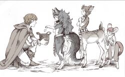 Rule 34 | 4boys, animal ears, animal feet, animal hands, basket, body fur, boots, brown fur, brown hair, centauroid, child, claws, cloak, closed mouth, deer boy, deer ears, deer tail, digitigrade, earrings, frilled sleeves, frills, full body, grey fur, grey hair, hands up, highres, holding, holding basket, hood, hooded cloak, hooves, jewelry, karana cat, long hair, long sleeves, looking at another, looking at object, looking down, looking to the side, male focus, monster boy, mouse boy, mouse ears, mouse tail, multiple boys, neck fur, on one knee, original, partially colored, pelvic curtain, short hair, simple background, smile, tail, taur, very short hair, whiskers, white background, wide sleeves, wolf boy, wolf ears, wolf tail