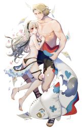 Rule 34 | 1boy, 1girl, ass, bikini, blonde hair, blush, breasts, corrin (female) (fire emblem), corrin (female) (summer) (fire emblem), corrin (fire emblem), fire emblem, fire emblem fates, fire emblem heroes, fish, full body, hairband, hetero, highres, hug, lilith (fire emblem), long hair, looking at viewer, navel, nintendo, official alternate costume, open mouth, pointy ears, red eyes, robaco, short hair, swimsuit, torn clothes, white background, white hair, xander (fire emblem), xander (summer) (fire emblem)