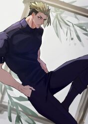 Rule 34 | 1boy, absurdres, achilles (fate), black footwear, black pants, black shirt, fate (series), feet out of frame, from side, green hair, hands in pockets, haruakira, highres, large pectorals, looking to the side, male focus, mature male, muscular, muscular male, pants, parted lips, pectorals, picture frame, shirt, short hair, short sleeves, solo, undercut
