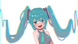 Rule 34 | 1girl, absurdres, aqua hair, aqua necktie, aqua pupils, armpit crease, bare shoulders, blue eyes, blush, chromatic aberration, collarbone, commentary, grey background, hair between eyes, hatsune miku, highres, long hair, looking at viewer, lulubelleiii, necktie, open mouth, simple background, solo, teeth, tongue, twintails, upper body, vocaloid