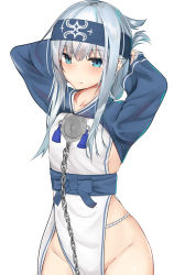 Rule 34 | 1girl, ainu clothes, alternate breast size, alternate costume, alternate hairstyle, blue eyes, breasts, chain, cosplay, folded ponytail, groin, headband, hibiki (kancolle), highres, ikashun, kamoi (kancolle), kamoi (kancolle) (cosplay), kantai collection, long hair, long sleeves, looking at viewer, sideboob, small breasts, solo, tying hair, verniy (kancolle)