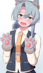 Rule 34 | 1girl, adapted costume, animal ears, animal hands, asymmetrical hair, black vest, claws, collared shirt, dress shirt, flipped hair, gloves, green eyes, grey hair, highres, kantai collection, necktie, nowaki (kancolle), official alternate costume, paw gloves, shirt, simple background, solo, tsukimoto reiji, upper body, vest, white background, white shirt, wolf ears, yellow necktie
