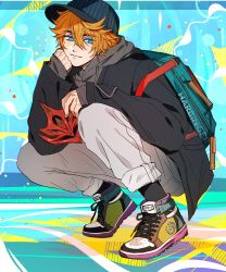 Rule 34 | 1boy, absurdres, backpack, bag, blue eyes, earrings, fashion, full body, genshin impact, grey shirt, hat, highres, jewelry, long sleeves, looking to the side, male focus, multicolored background, orange hair, pale skin, pants, shirt, shoes, shohje, solo, tartaglia (genshin impact)