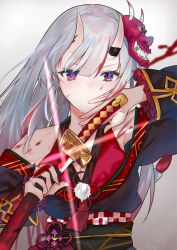 Rule 34 | 1girl, absurdres, blood, bloody weapon, glowing, grey background, highres, holding, holding sword, holding weapon, hololive, horns, katana, long hair, looking at viewer, multicolored hair, nakiri ayame, nakiri ayame (1st costume), nana kagura, red eyes, sheath, silver hair, simple background, skin-covered horns, solo, sword, two-tone hair, unsheathing, upper body, virtual youtuber, weapon