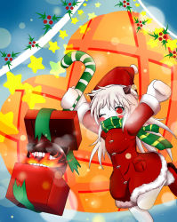 Rule 34 | 10s, 1girl, absurdres, abyssal ship, alternate costume, arms up, box, christmas, colored skin, covered mouth, gift, gift box, hat, highres, horns, kantai collection, kt (zaogao), long hair, looking at viewer, northern ocean princess, one eye closed, orange eyes, santa costume, santa hat, scarf, shoes, silver hair, solo, standing, standing on one leg, white skin