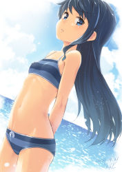 Rule 34 | 1girl, alice gear aegis, arms behind back, beach, bikini, blue eyes, blue hair, blue one-piece swimsuit, blue sky, breasts, closed mouth, errant, highres, koashi mutsumi, long hair, looking at viewer, navel, ocean, one-piece swimsuit, sky, small breasts, striped bikini, striped clothes, swimsuit