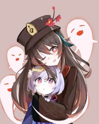 Rule 34 | 2girls, ;d, bad id, bad pixiv id, bead necklace, beads, blush, boo tao (genshin impact), brown hair, dovah kiin, genshin impact, ghost, hat, highres, hu tao (genshin impact), hug, hug from behind, jewelry, jiangshi, long hair, long sleeves, looking at viewer, multiple girls, necklace, one eye closed, open mouth, purple eyes, purple hair, qiqi (genshin impact), red eyes, smile, symbol-shaped pupils
