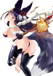 Rule 34 | 1girl, absurdres, animal ears, artist request, ass, bare shoulders, barefoot, bell, black hair, blush, breasts, dual wielding, erune, fire, fireball, fox ears, fox tail, from behind, gloves, granblue fantasy, hair bell, hair ornament, highres, holding, long hair, looking at viewer, looking back, parted lips, red eyes, shiny clothes, shiny skin, sideboob, smile, solo, sword, tail, thighhighs, weapon, yuel (granblue fantasy)