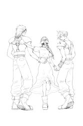Rule 34 | 1girl, 2boys, aerith gainsborough, amemori 0207, armor, belt, boots, bracelet, braid, cloud strife, cropped jacket, dress, facing away, final fantasy, final fantasy vii, final fantasy vii remake, from behind, full body, gloves, hair between eyes, hair ribbon, hair slicked back, hand on another&#039;s back, highres, holding hands, jewelry, lineart, long hair, looking at another, medium hair, multiple boys, pants, ribbon, short hair, short sleeves, shoulder armor, sleeveless, sleeveless turtleneck, spiked hair, square enix, suspenders, turtleneck, walking, white background, zack fair