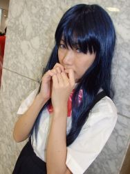 Rule 34 | aotsuki riku, blue hair, cosplay, furude rika, higurashi no naku koro ni, photo (medium), school uniform, serafuku, suspenders