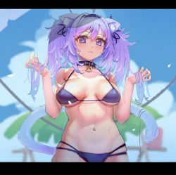 Rule 34 | 1girl, absurdres, ahoge, animal collar, animal ear fluff, animal ears, bikini, black hairband, blush, breasts, breasts apart, cat ears, cat girl, cat tail, closed mouth, collar, commentary request, cucumbear073, hair between eyes, hair ribbon, hairband, hands up, highres, hololive, large breasts, letterboxed, long hair, looking at viewer, navel, nekomata okayu, purple bikini, purple eyes, purple hair, ribbon, solo, stomach, string bikini, swimsuit, tail, upper body, virtual youtuber