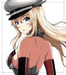 Rule 34 | 1girl, absurdres, bare back, bismarck (kancolle), blonde hair, blue eyes, breasts, from behind, h2 (h20000000), hat, highres, kantai collection, large breasts, looking back, military hat, outside border, sideboob, solo, upper body