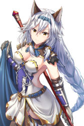 Rule 34 | 1girl, animal ears, belt, braid, braided ponytail, breasts, brown eyes, closed mouth, dress, erune, from side, gauntlets, granblue fantasy, hair between eyes, hairband, heles, highres, holding, long hair, low ponytail, medium breasts, sanagi, silver hair, single braid, smile, solo, standing, strapless, strapless dress, thighhighs, v-shaped eyebrows, very long hair, white background, white dress
