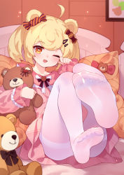 Rule 34 | 1girl, ;d, absurdres, ahoge, animal ears, arknights, bear ears, blonde hair, blush, brown eyes, candy hair ornament, collarbone, commentary request, doll, dress, feet, food-themed hair ornament, foot focus, foreshortening, full body, gummy (arknights), hair ornament, hairpin, heart, heart in eye, highres, holding, holding doll, indoors, legs up, long sleeves, looking at viewer, lying, no shoes, on back, on bed, one eye closed, open mouth, pantyhose, pink dress, rubbing eyes, short hair, smile, soles, solo, stuffed animal, stuffed toy, symbol in eye, teddy bear, toes, tsubasa tsubasa, white pantyhose