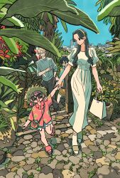 Rule 34 | anya (spy x family), bag, black footwear, black hair, black pants, franky franklin, handbag, hands in pockets, highres, holding, holding bag, long hair, long sleeves, looking at another, multiple boys, multiple girls, open mouth, outdoors, pants, pink hair, road, shirt, shoes, short hair, smile, spy x family, standing, street, takeuchi ryousuke, twilight (spy x family), yor briar
