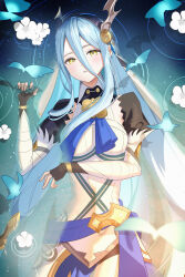 Rule 34 | 1girl, absurdres, azura (fire emblem), azura (song&#039;s reflection) (fire emblem), black gloves, blue butterfly, blue hair, blush, bug, butterfly, commentary request, dragon horns, fake horns, fingerless gloves, fire emblem, fire emblem fates, fire emblem heroes, flower, gloves, hair between eyes, highres, horns, insect, looking at viewer, nintendo, official alternate costume, partially submerged, solo, user mmyu8884, veil, water, white flower, yellow eyes