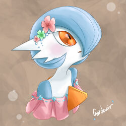 Rule 34 | 1girl, absurdres, alternate color, bare shoulders, blue hair, blue skin, blush, bob cut, brown background, character name, clothed pokemon, colored skin, creatures (company), english text, female focus, flat chest, flower, game freak, gardevoir, gen 3 pokemon, green flower, hair flower, hair ornament, hair over one eye, highres, looking up, multicolored skin, nintendo, off shoulder, one eye covered, open mouth, orange eyes, oshi ni ai tee, pink flower, pokemon, pokemon (creature), shiny pokemon, short hair, simple background, solo, two-tone skin, upper body, white skin