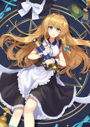 Rule 34 | 1girl, absurdres, adapted costume, ameria (artist), apron, black skirt, blonde hair, blue bow, blue eyes, blue ribbon, book, bow, braid, brown corset, commentary request, corset, earrings, hair bow, hat, hat bow, highres, holding, holding telescope, jewelry, kirisame marisa, long hair, looking at viewer, lying, neck ribbon, on back, open mouth, ribbon, side braid, single braid, skirt, solo, star (symbol), star earrings, telescope, touhou, unworn headwear, very long hair, waist apron, white apron, white bow, witch hat