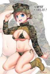 Rule 34 | 1girl, :d, bikini, blue eyes, boots, breasts, camouflage, camouflage bikini, dated, ebifly, fangs, green bikini, green hat, hand on headwear, hand up, hat, large breasts, long sleeves, looking at viewer, navel, open mouth, original, shrug (clothing), side-tie bikini bottom, signature, smile, solo, swimsuit, united states marine corps, zoom layer